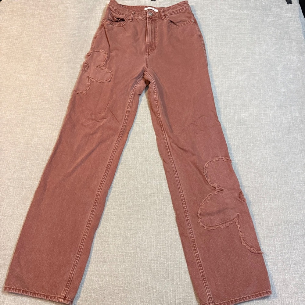 PacSun 90s Boyfriend Jeans 27 Rust Mauve Flower Applique High Rise Straight Leg
